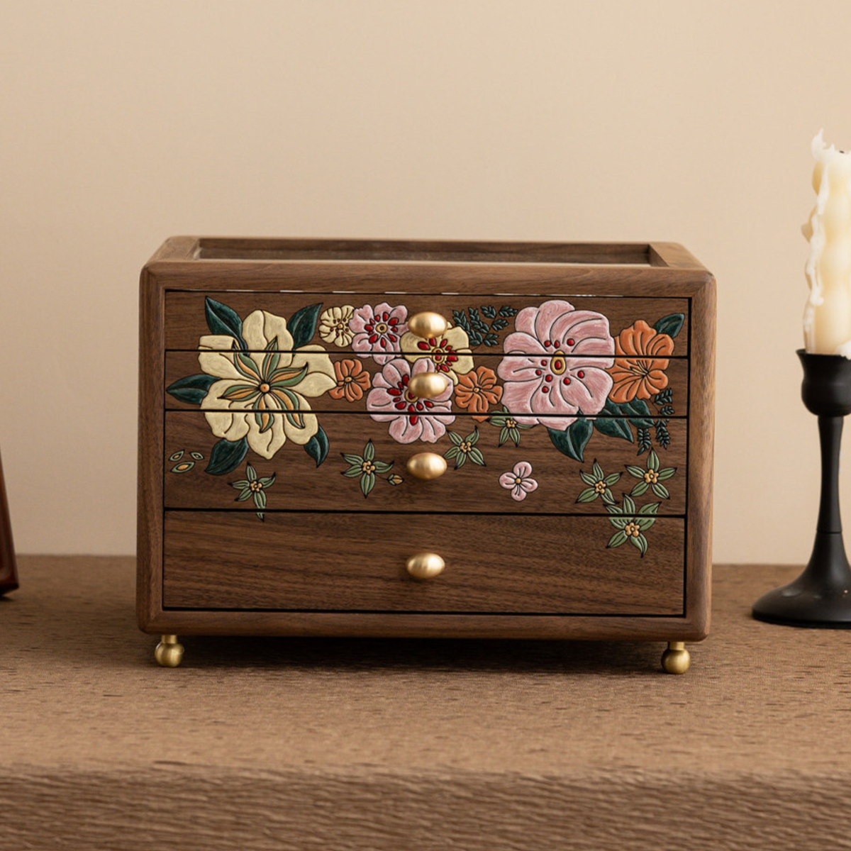 Solid Walnut Jewelry Box with Drawers and Glass Lid SKU 21200