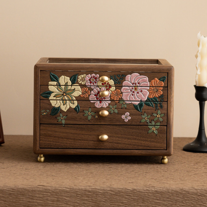 Solid Walnut Jewelry Box with Drawers and Glass Lid SKU 21200