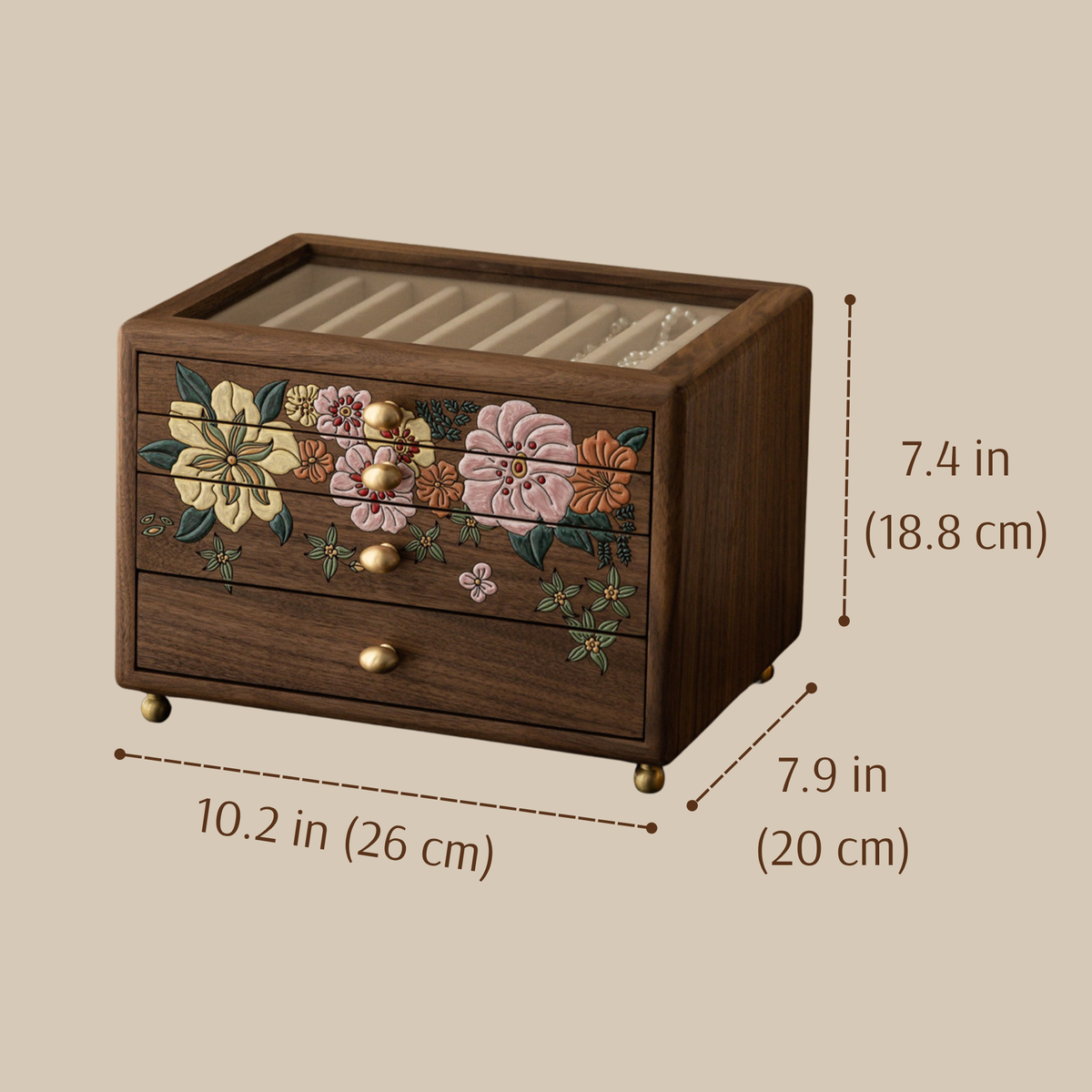 Solid Walnut Jewelry Box with Drawers and Glass Lid SKU 21200