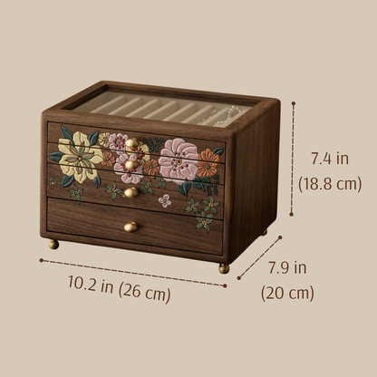 Solid Walnut Jewelry Box with Drawers and Glass Lid SKU 21200