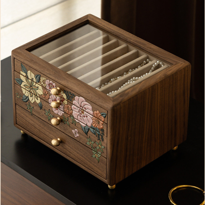 Solid Walnut Jewelry Box with Drawers and Glass Lid SKU 21200