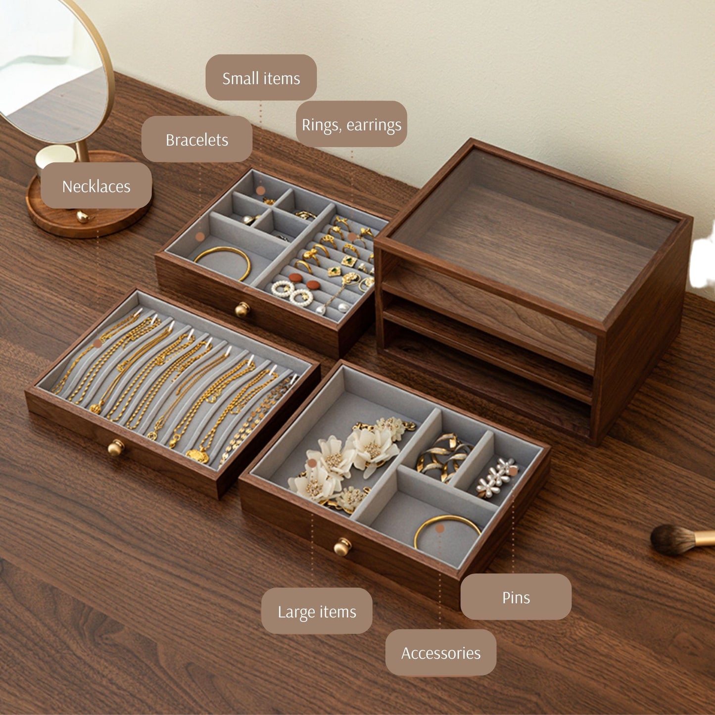 Wooden Jewelry Box with Drawers and Glass Lid SKU 21133