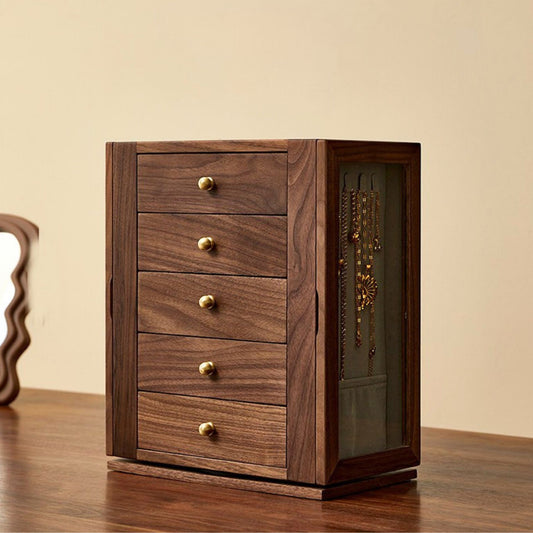 Rotating Wooden Jewelry Box with Drawers and Necklace Hooks SKU 21189