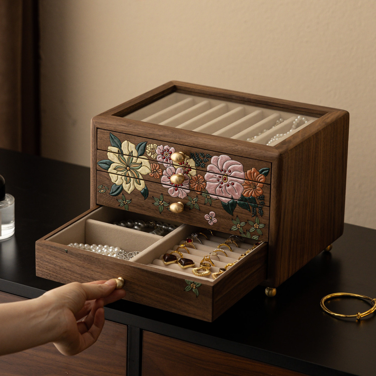 Solid Walnut Jewelry Box with Drawers and Glass Lid SKU 21200