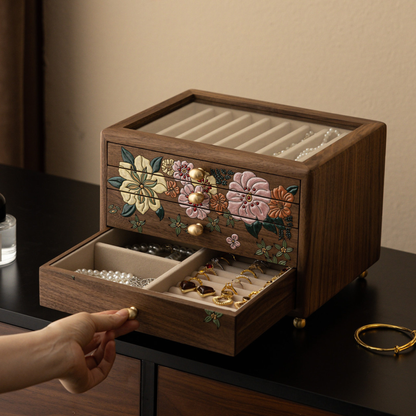 Solid Walnut Jewelry Box with Drawers and Glass Lid SKU 21200