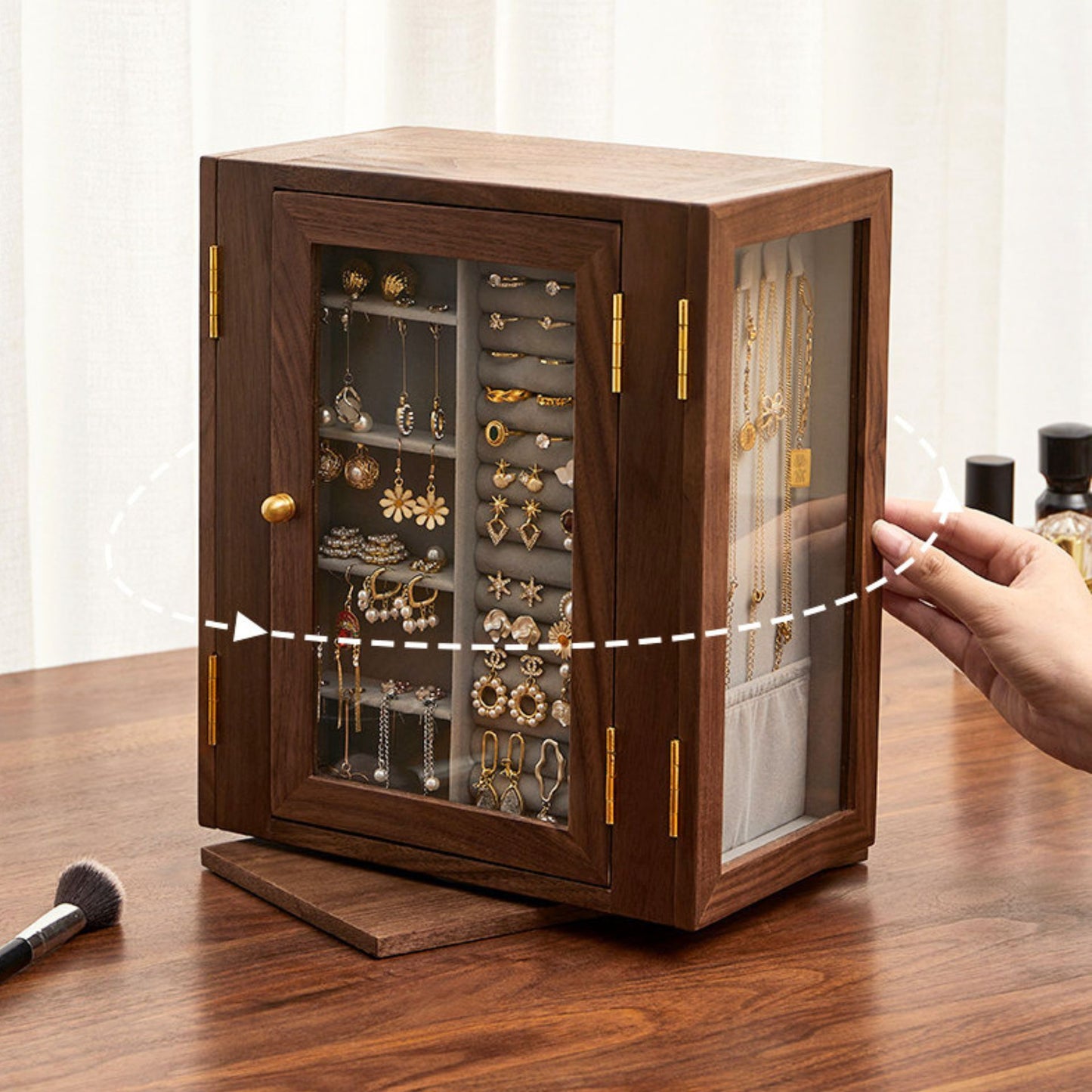 Rotating Wooden Jewelry Box with Drawers and Necklace Hooks SKU 21189