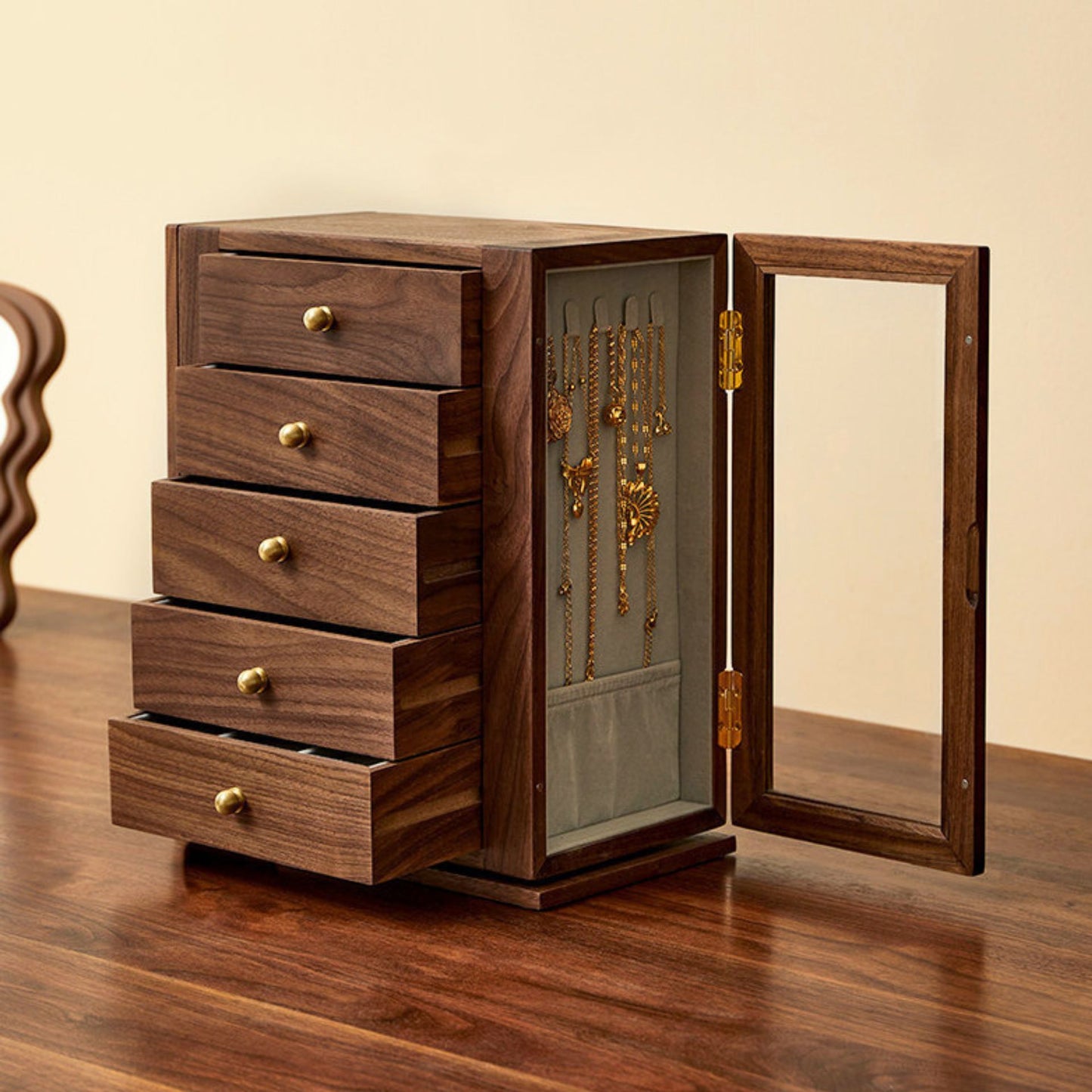Rotating Wooden Jewelry Box with Drawers and Necklace Hooks SKU 21189