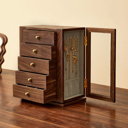 Rotating Wooden Jewelry Box with Drawers and Necklace Hooks SKU 21189