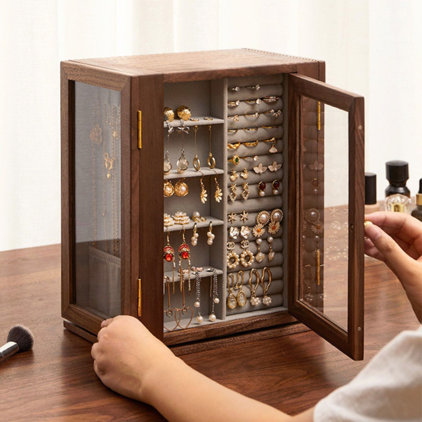 Rotating Wooden Jewelry Box with Drawers and Necklace Hooks SKU 21189