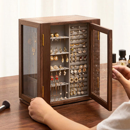 Rotating Wooden Jewelry Box with Drawers and Necklace Hooks SKU 21189