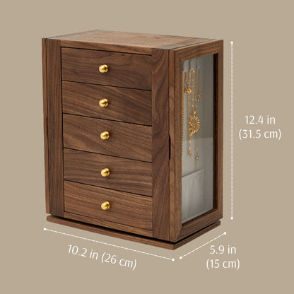 Rotating Wooden Jewelry Box with Drawers and Necklace Hooks SKU 21189