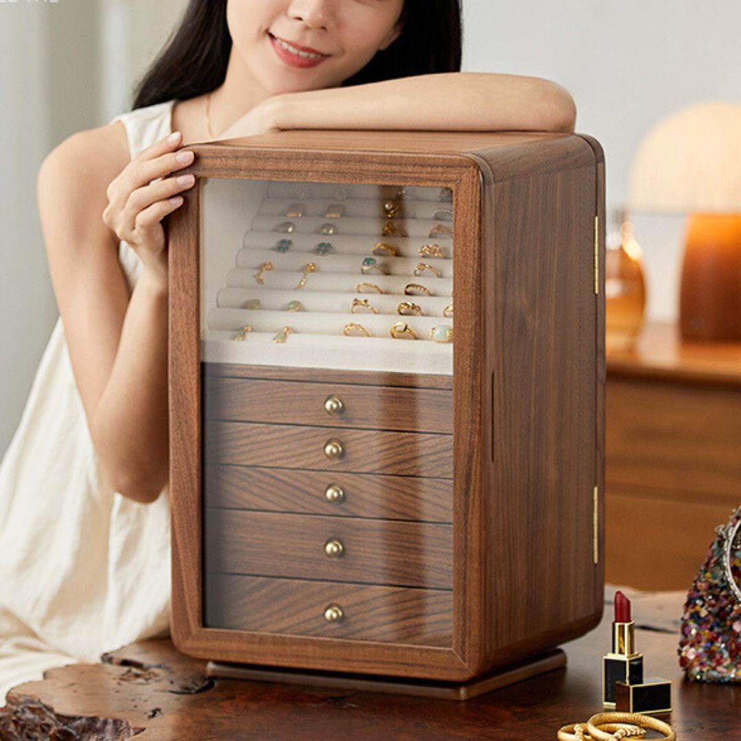 Rotatable Wooden Jewelry Box Organizer with Drawers and Mirror SKU 21167