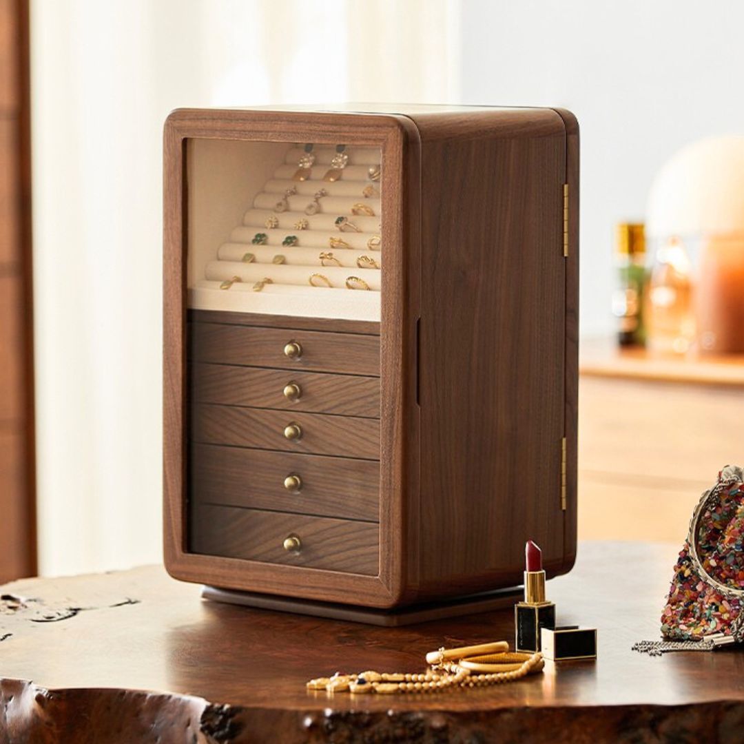 Rotatable Wooden Jewelry Box Organizer with Drawers and Mirror SKU 21167