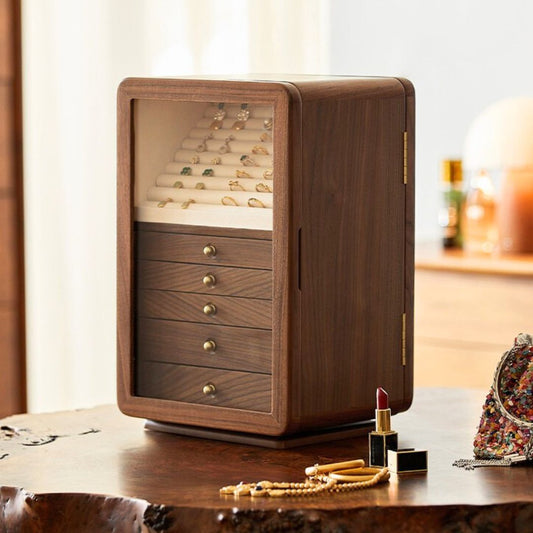Rotatable Wooden Jewelry Box Organizer with Drawers and Mirror SKU 21167