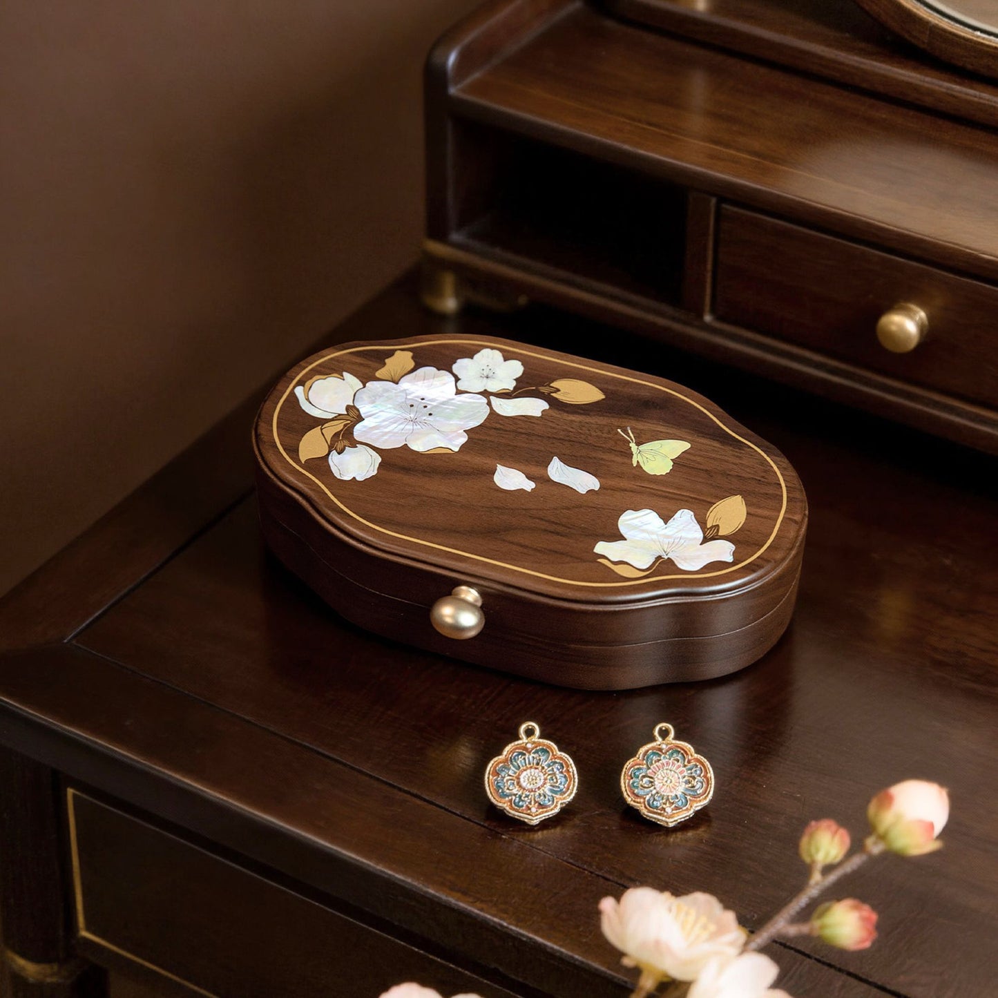Solid Walnut Jewelry Box with Mother-of-Pearl Inlay SKU 21190
