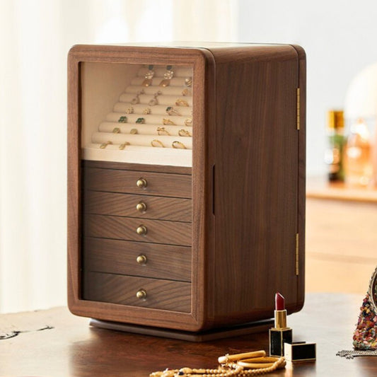 Rotatable Wooden Jewelry Box Organizer with Drawers and Mirror SKU 21167