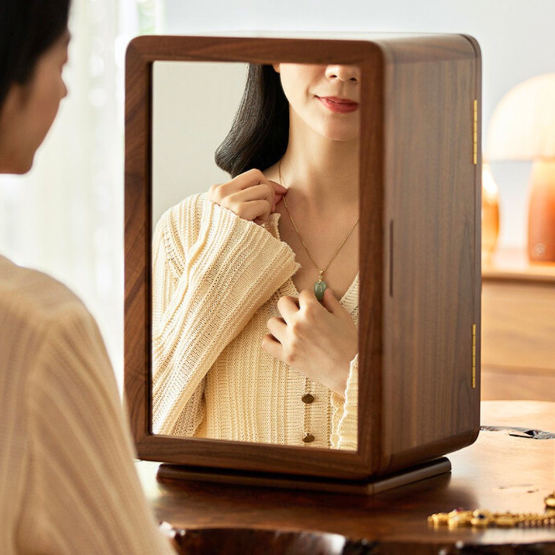 Rotatable Wooden Jewelry Box Organizer with Drawers and Mirror SKU 21167