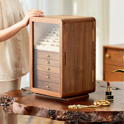 Rotatable Wooden Jewelry Box Organizer with Drawers and Mirror SKU 21167