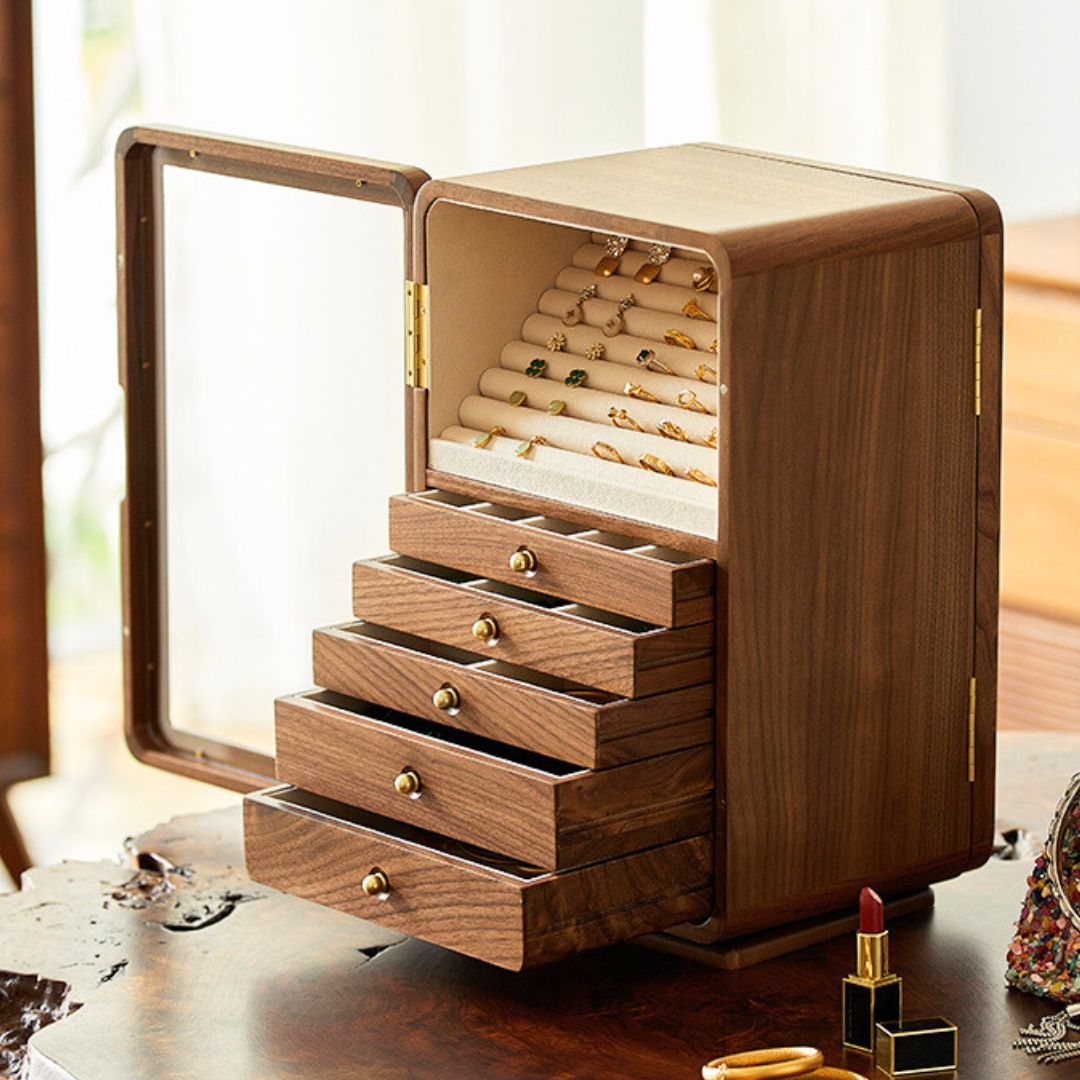 Rotatable Wooden Jewelry Box Organizer with Drawers and Mirror SKU 21167