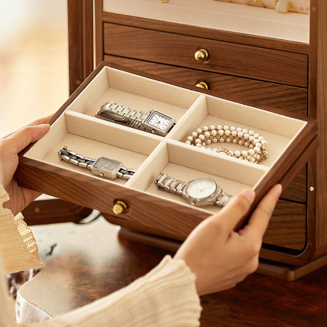 Rotatable Wooden Jewelry Box Organizer with Drawers and Mirror SKU 21167