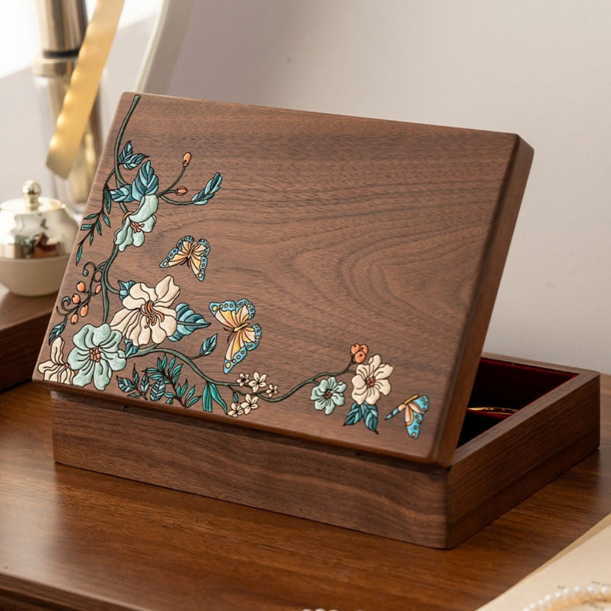 Solid Walnut Jewelry Box with Hand-Painted Butterflies and Flowers SKU 21202