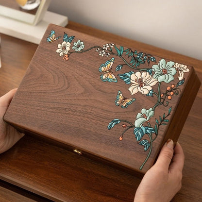 Solid Walnut Jewelry Box with Hand-Painted Butterflies and Flowers SKU 21202