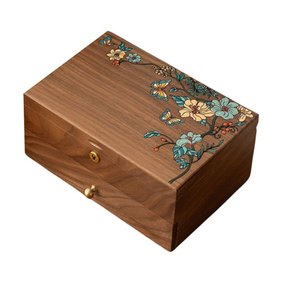 Solid Walnut Jewelry Box with Hand-Painted Butterflies and Flowers SKU 21202