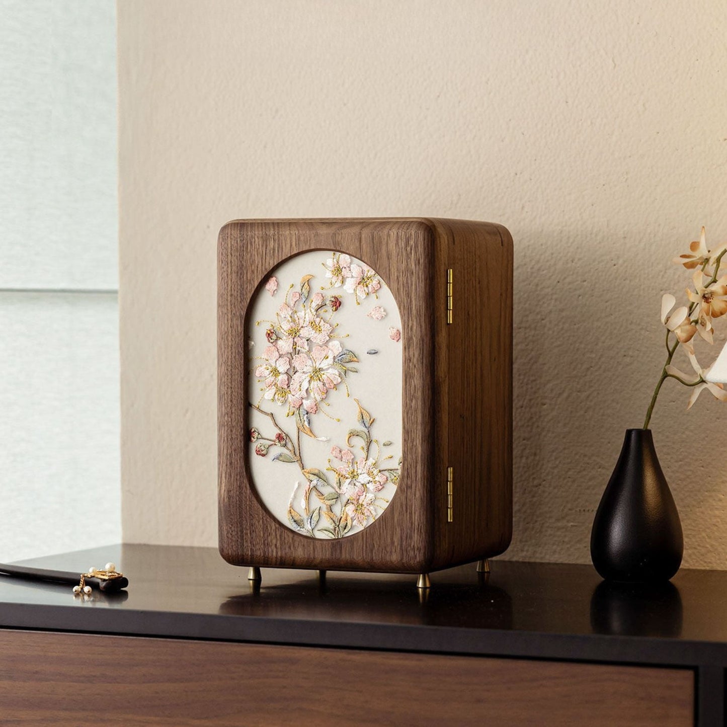 Solid Walnut Jewelry Box with Embroidery SKU 21192
