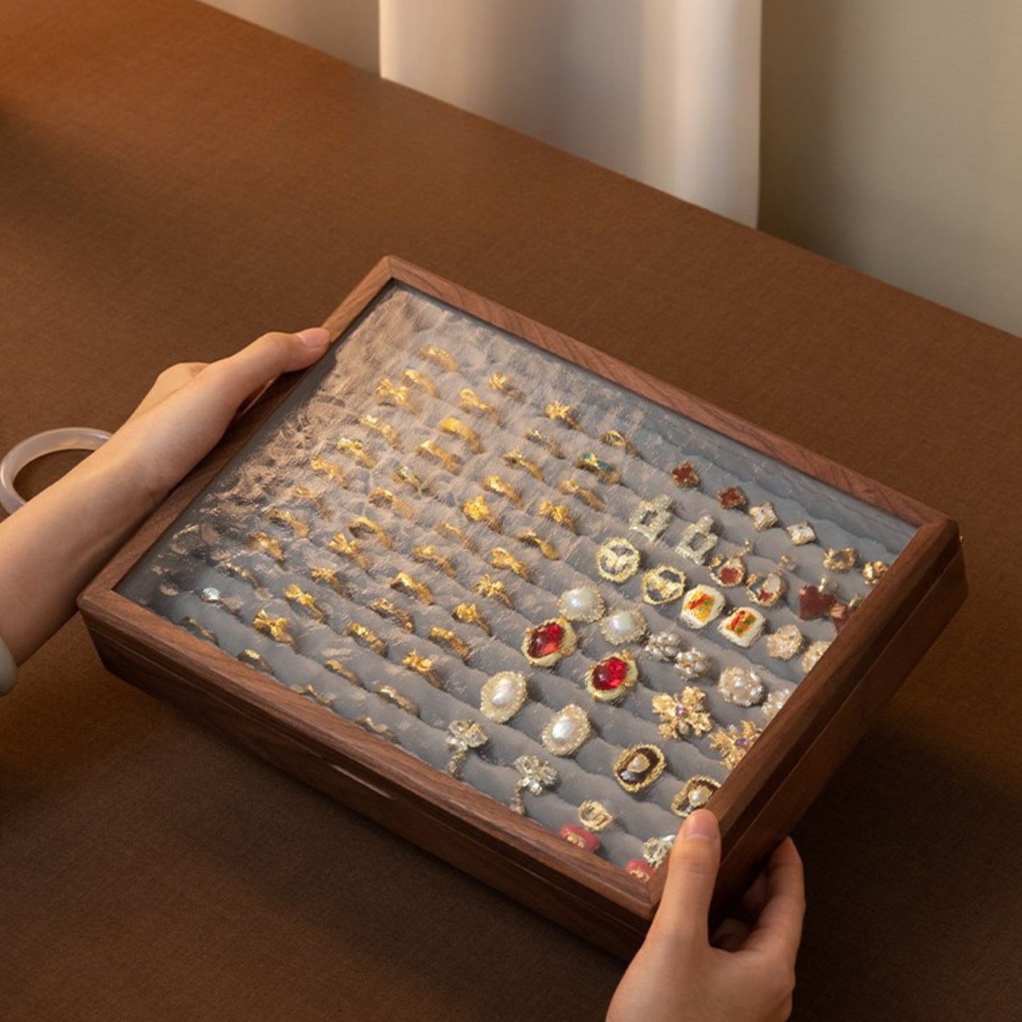 Solid Walnut Wood Jewelry Box for Rings and Earrings SKU 21175