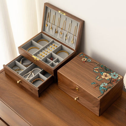 Solid Walnut Jewelry Box with Hand-Painted Butterflies and Flowers SKU 21202