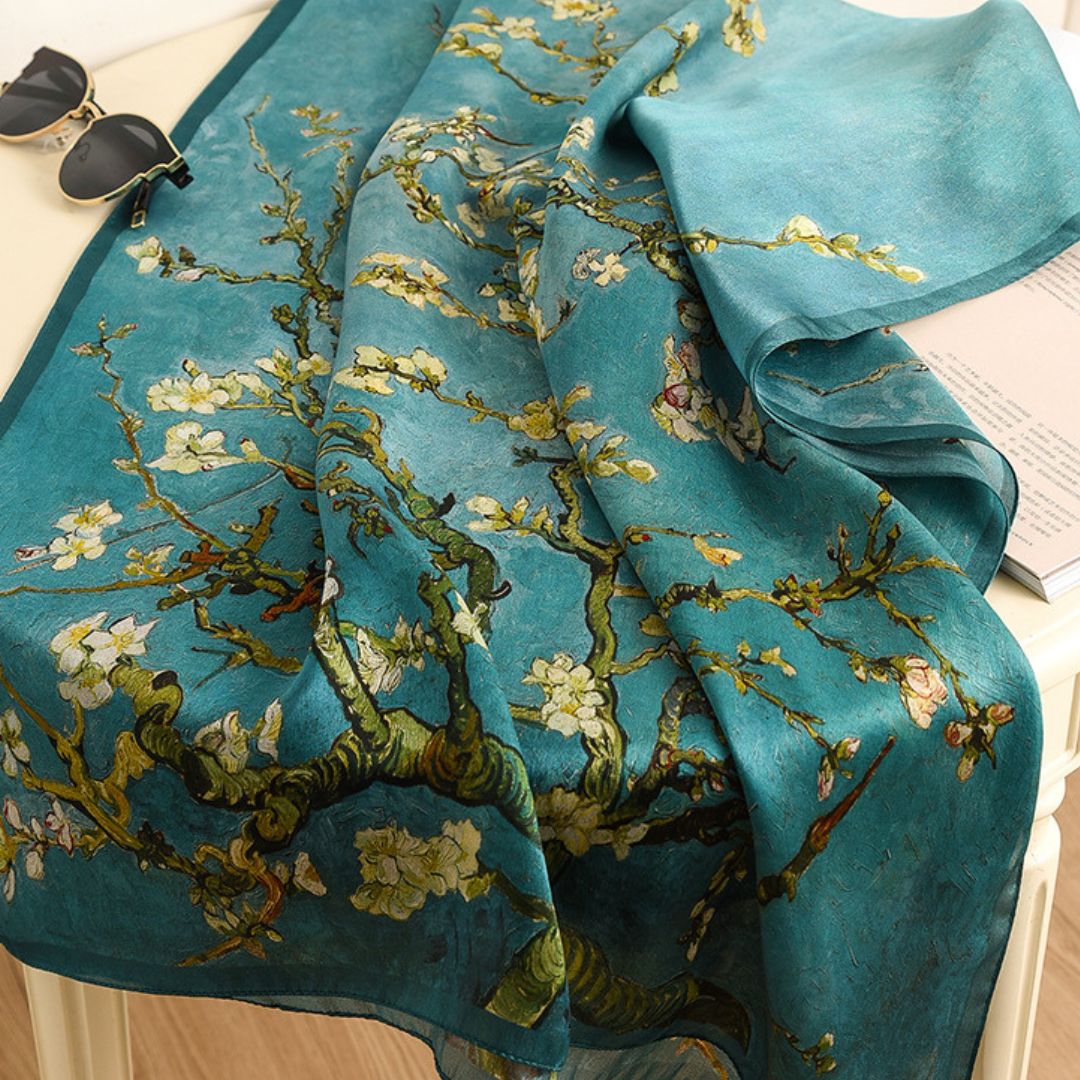 100% Mulberry Silk Scarf 70 x 25 Inches Van Gogh Almond Blossom 88015