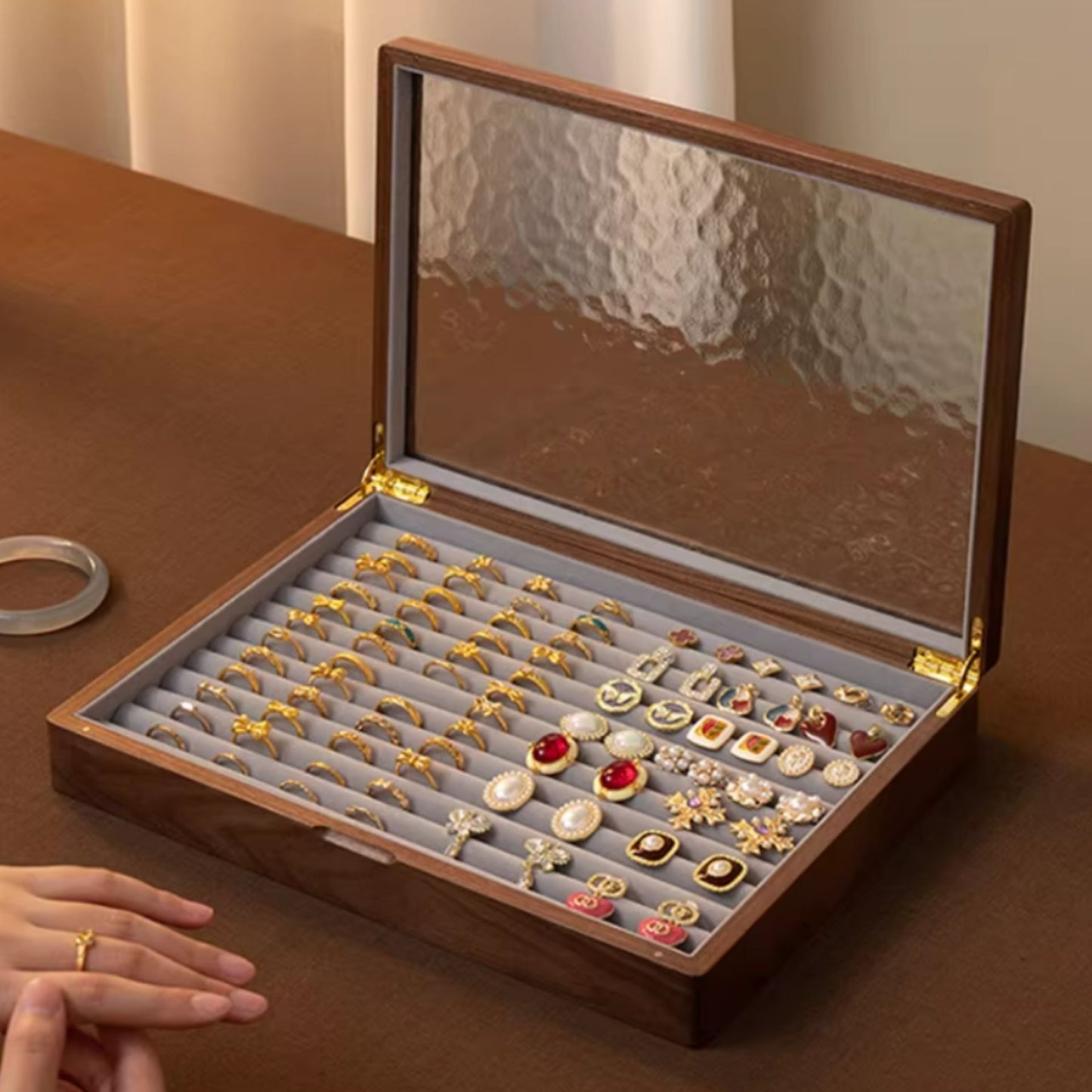 Solid Walnut Wood Jewelry Box for Rings and Earrings SKU 21175