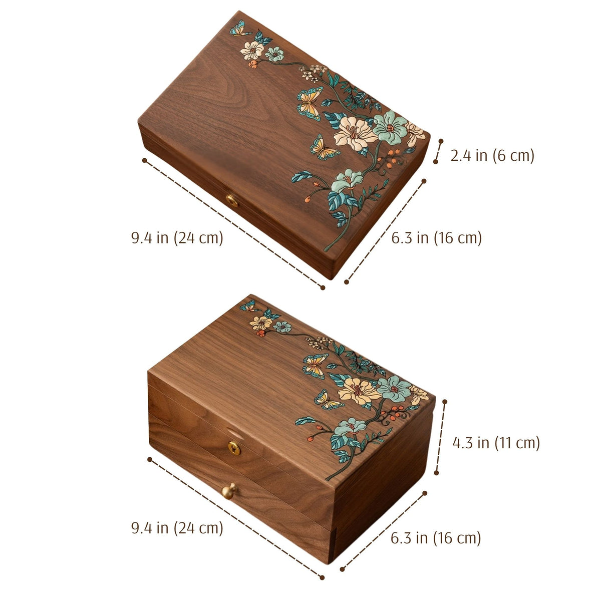 Solid Walnut Jewelry Box with Hand-Painted Butterflies and Flowers SKU 21202
