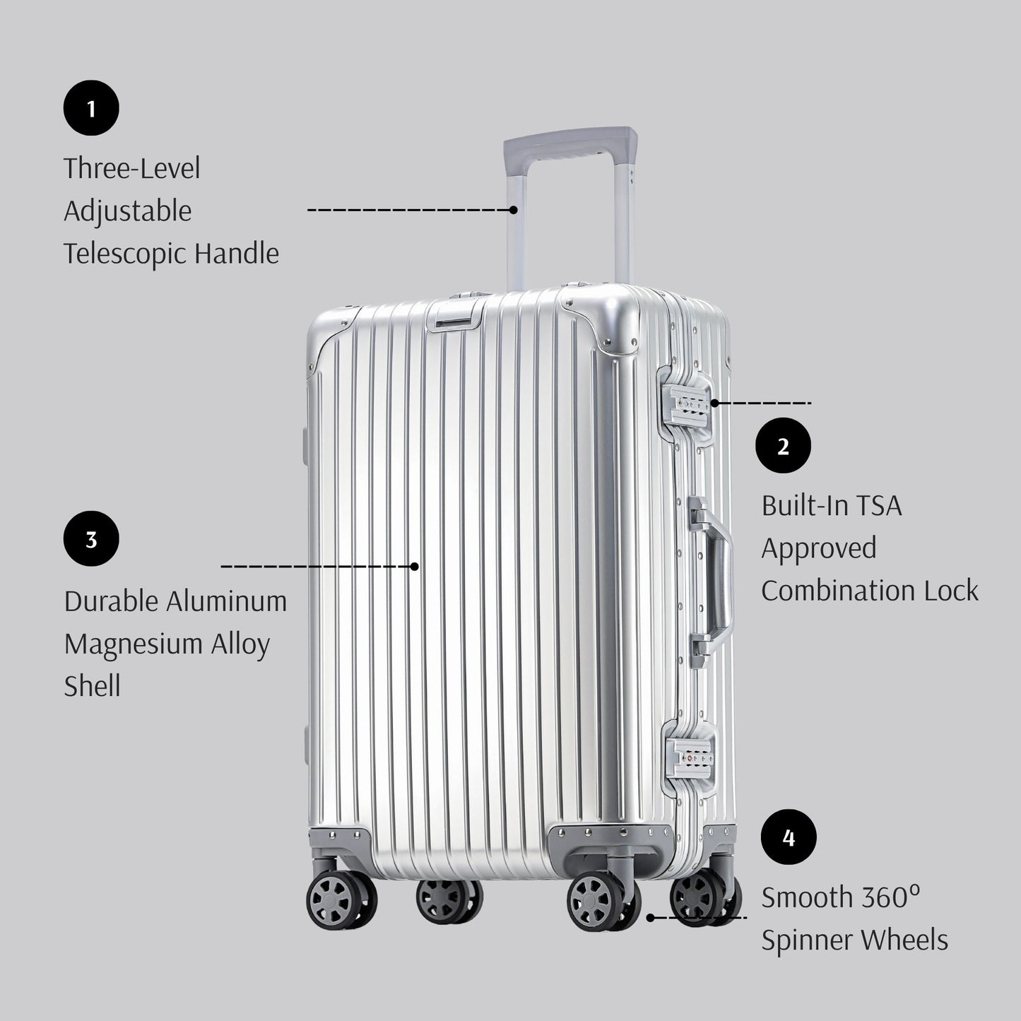 Aluminum Carry-On and Checked Luggage with Spinner Wheels SKU 85009