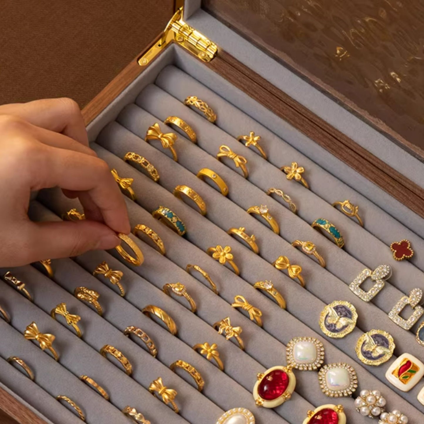 Solid Walnut Wood Jewelry Box for Rings and Earrings SKU 21175