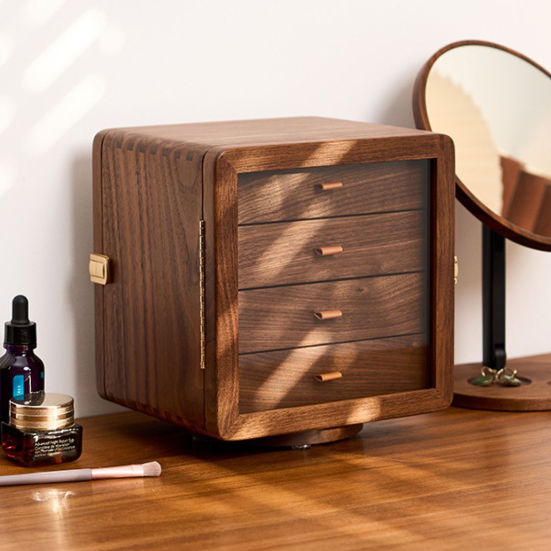 Rotatable Solid Walnut Wood Jewelry Box Organizer SKU 21172