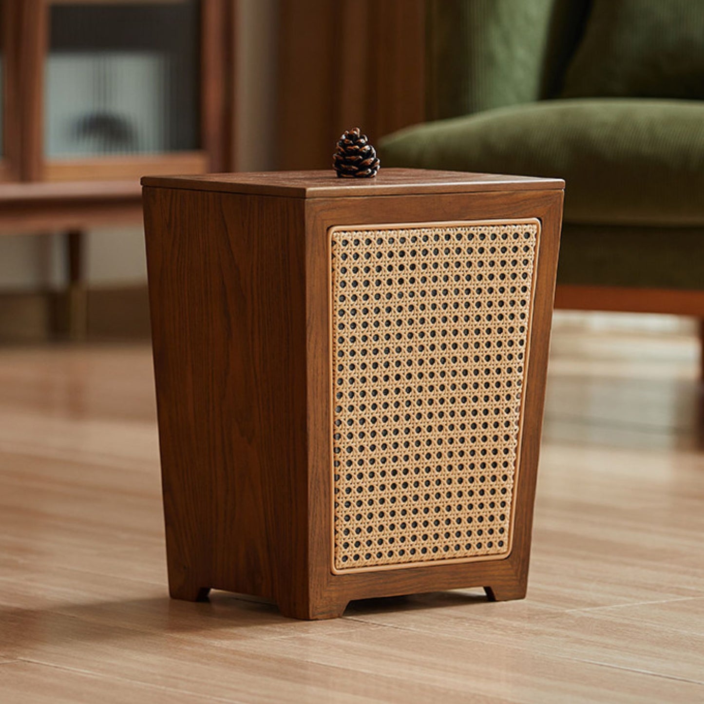 Wooden Decorative Trash Bin with PE Wicker Sides SKU 54003
