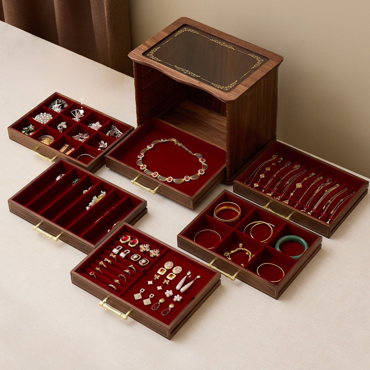 Large Solid Walnut Jewelry Box with Drawers SKU 21179