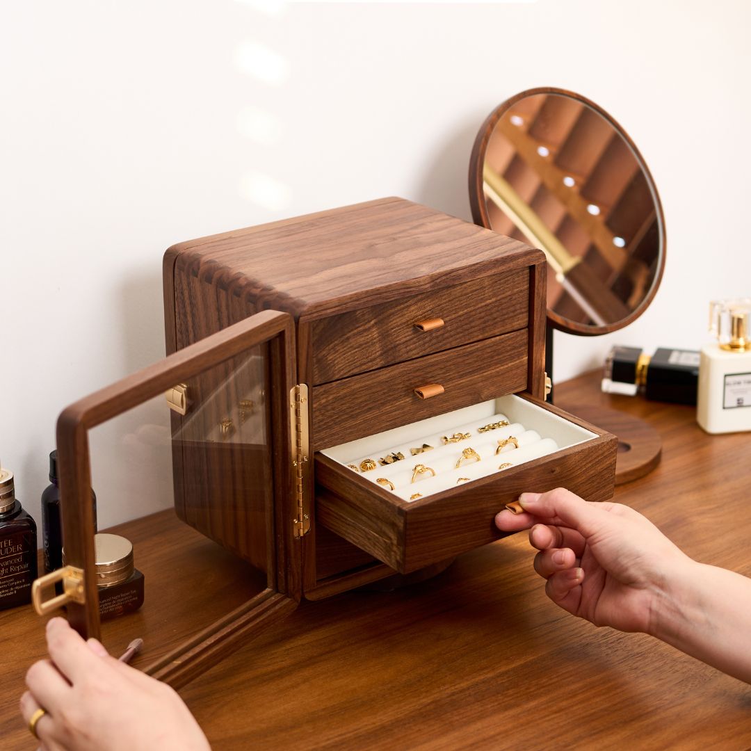 Rotatable Solid Walnut Wood Jewelry Box Organizer SKU 21172