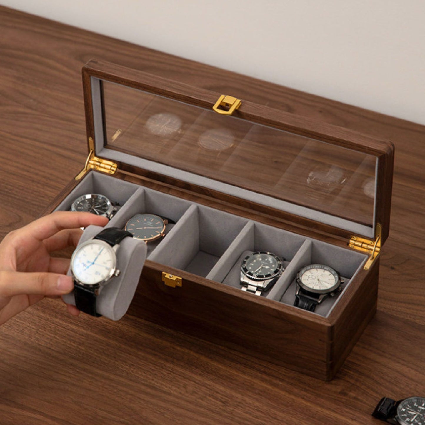Solid Walnut Watch Box with Glass Lid SKU 22013