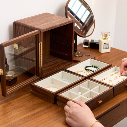 Rotatable Solid Walnut Wood Jewelry Box Organizer SKU 21172