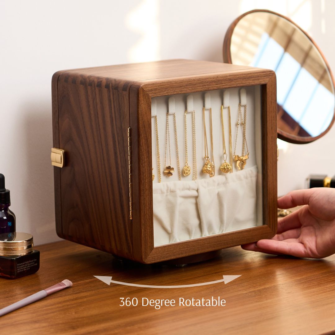 Rotatable Solid Walnut Wood Jewelry Box Organizer SKU 21172