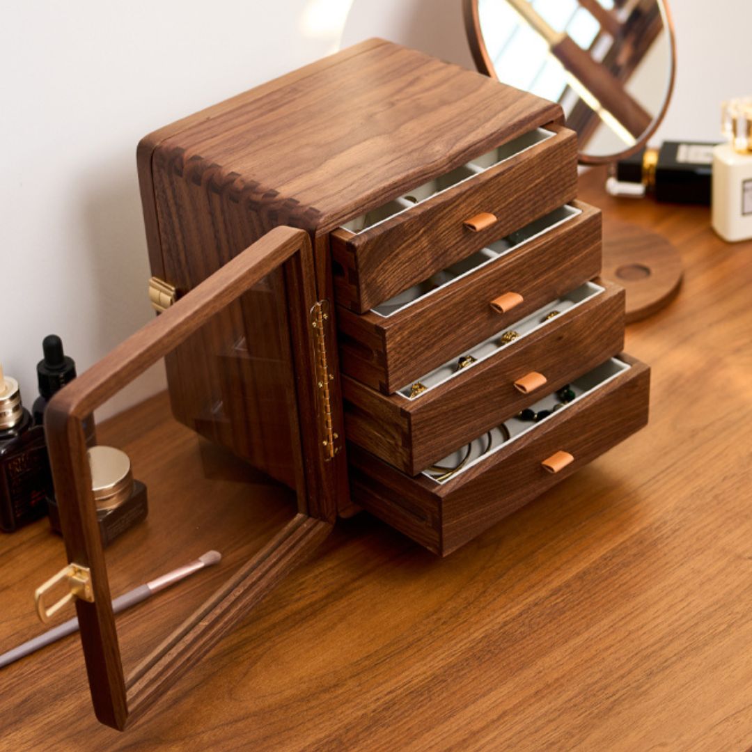Rotatable Solid Walnut Wood Jewelry Box Organizer SKU 21172