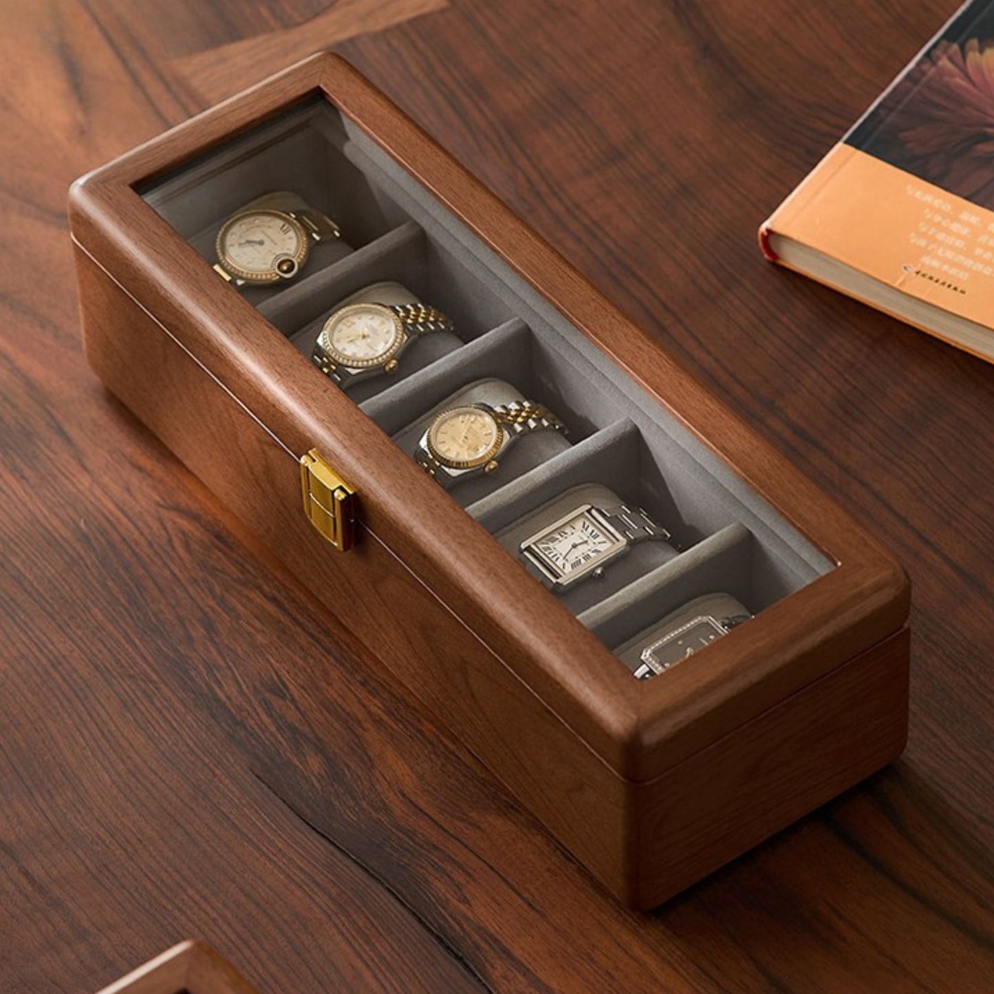 Solid Wood Watch Box with Glass Lid and Metal Clasp SKU 22015
