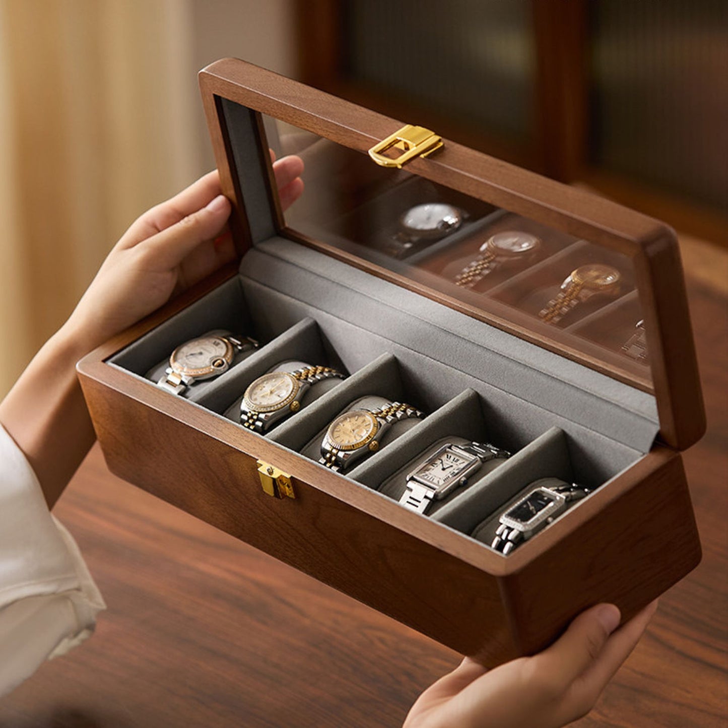 Solid Wood Watch Box with Glass Lid and Metal Clasp SKU 22015