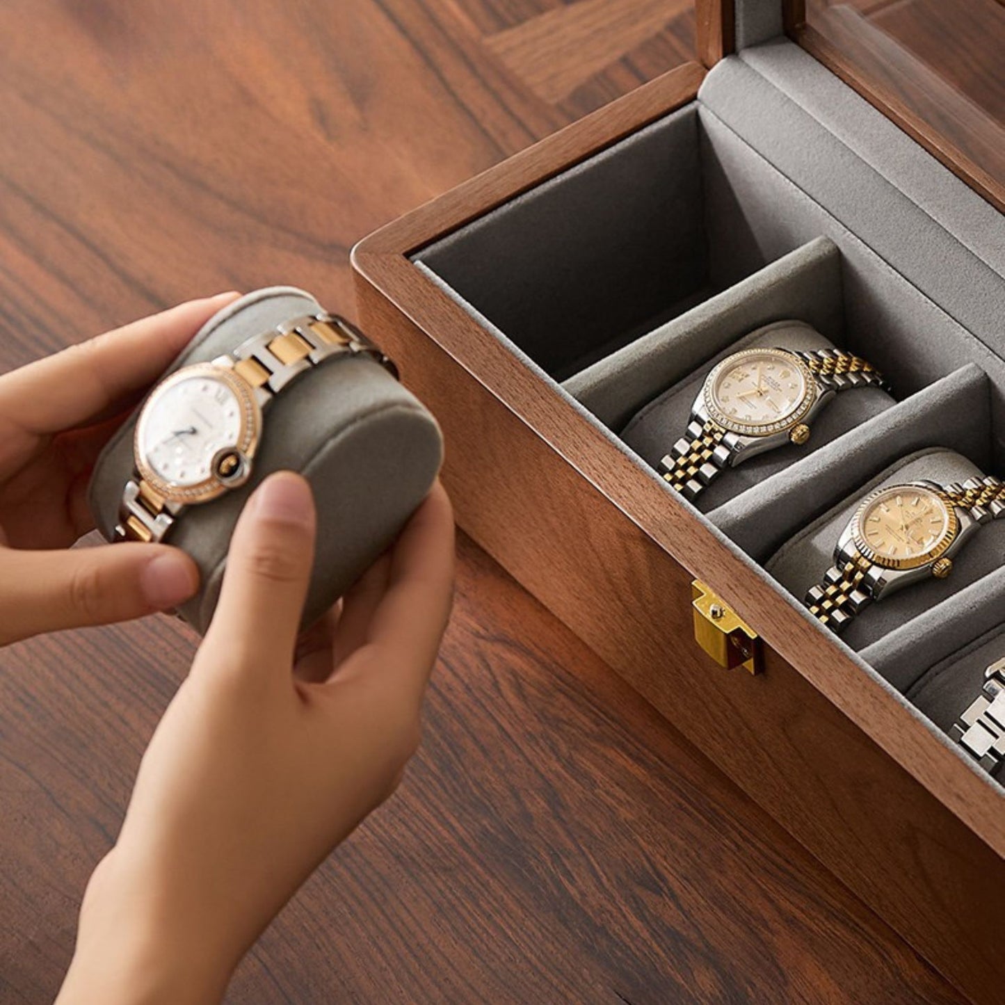 Solid Wood Watch Box with Glass Lid and Metal Clasp SKU 22015