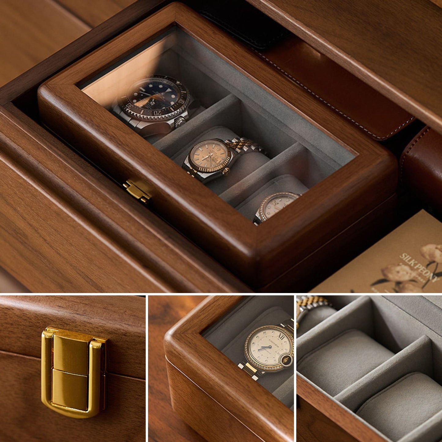 Solid Wood Watch Box with Glass Lid and Metal Clasp SKU 22015