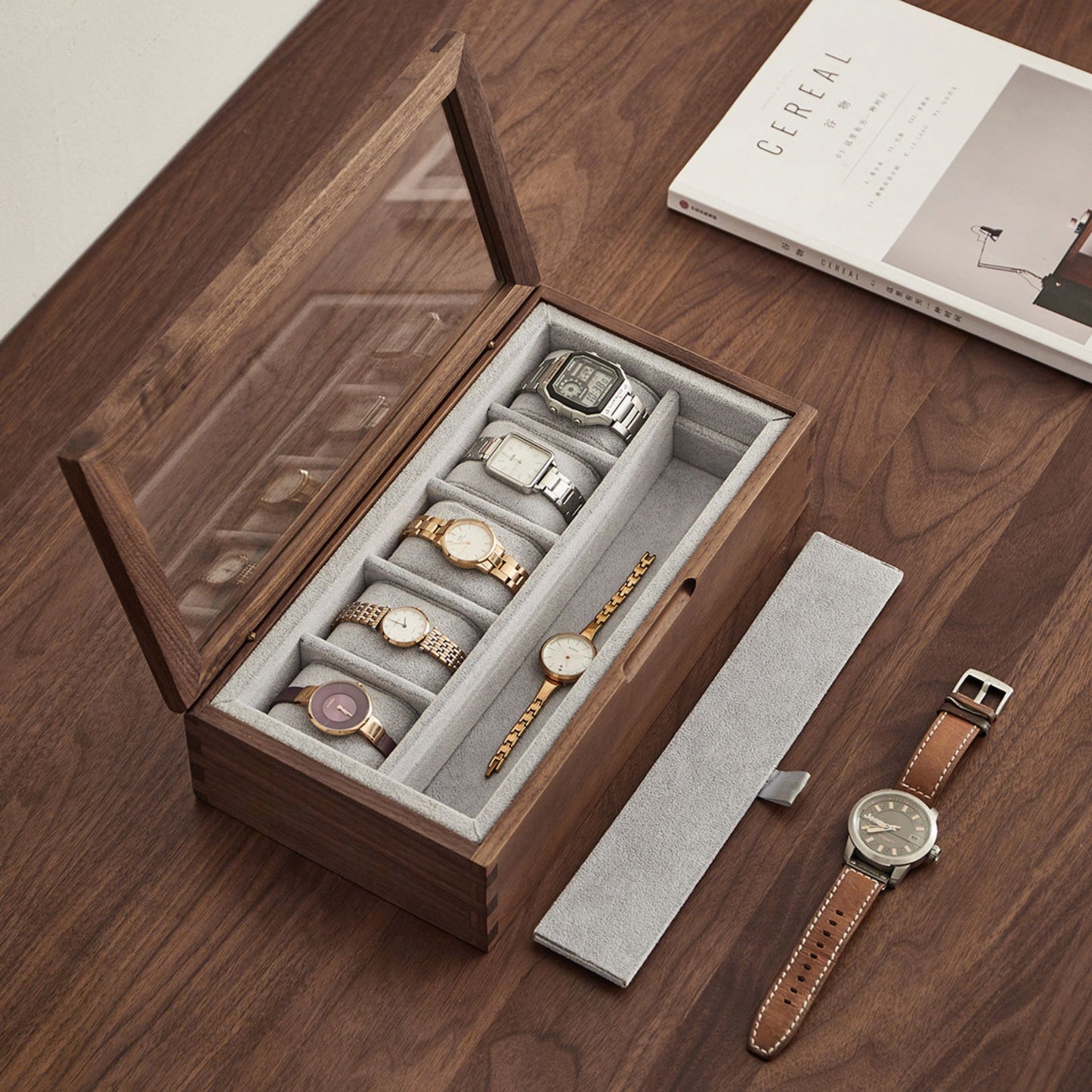 Solid Walnut Wooden Watch Box with Glass Lid SKU 22016