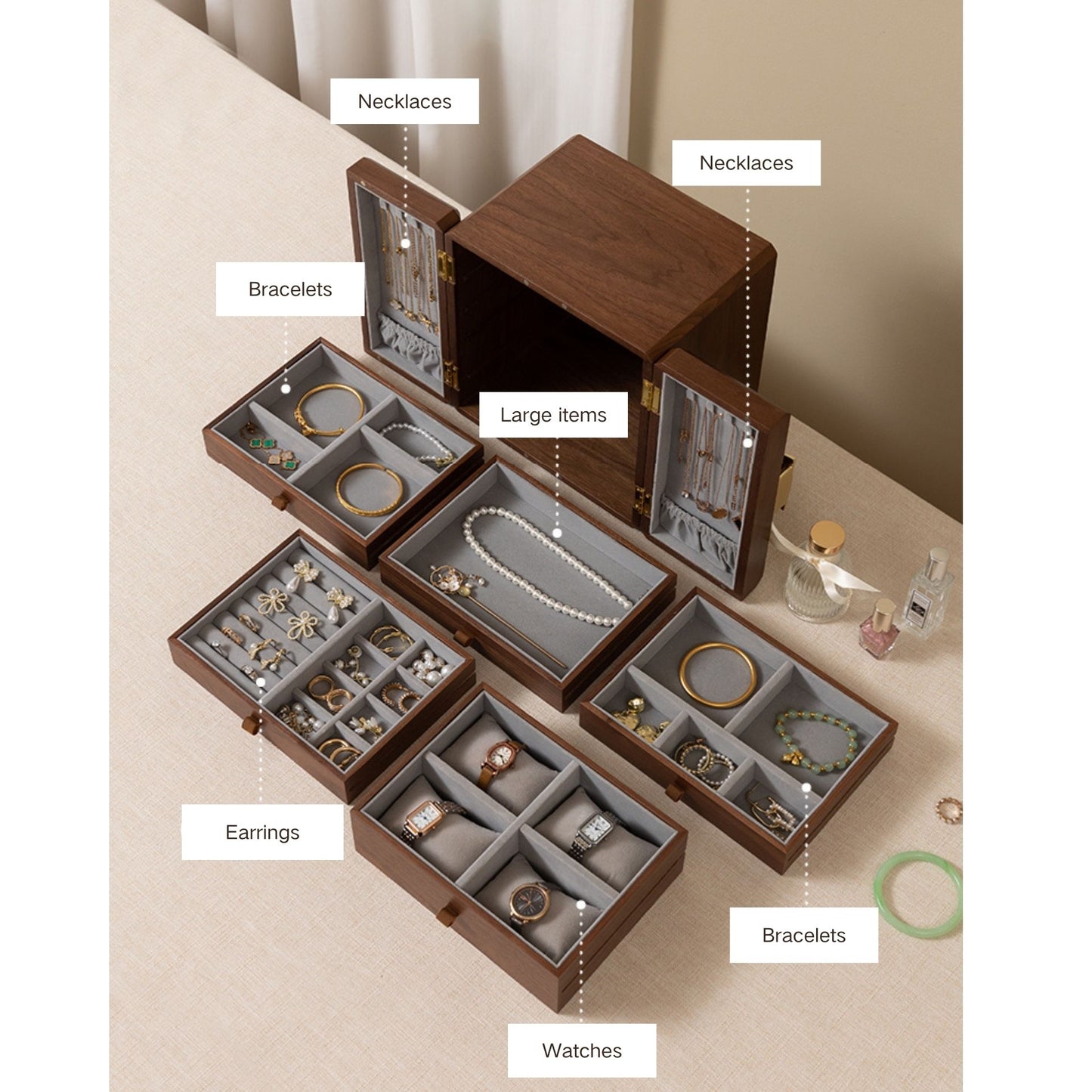 Walnut Wood Veneer Jewelry Box with Drawers SKU 21111