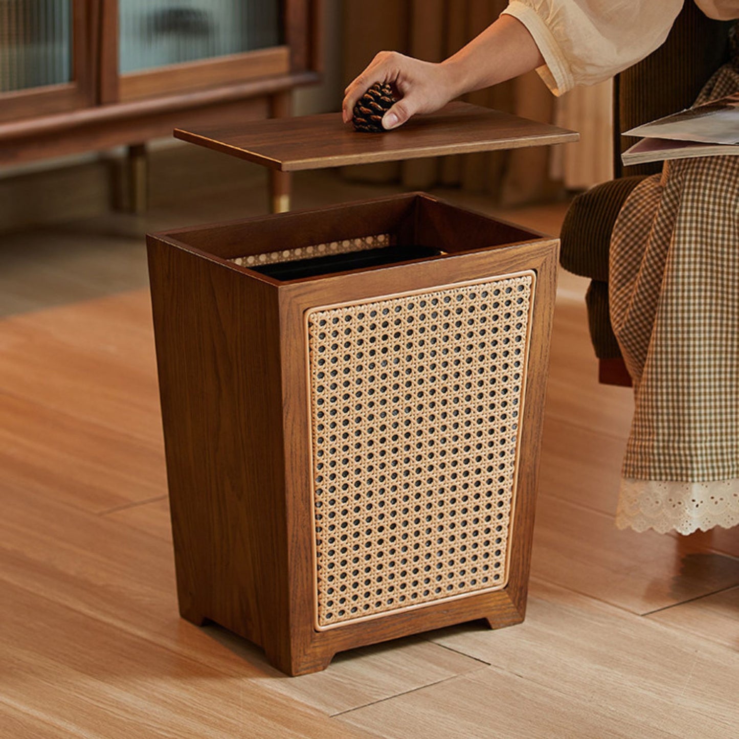 Wooden Decorative Trash Bin with PE Wicker Sides SKU 54003
